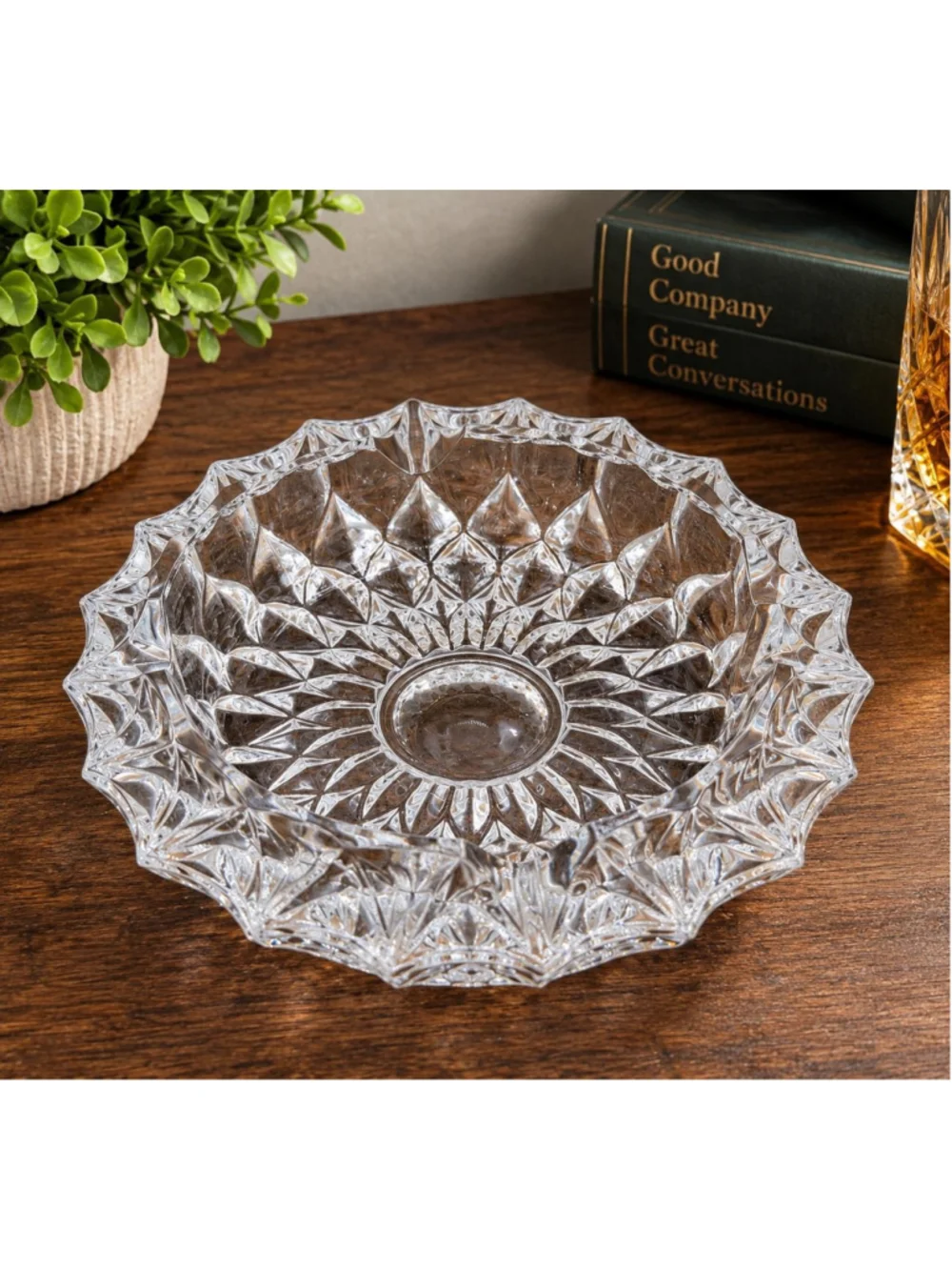 Vintage Clear Pressed Glass Serving Bowl Starburst Diamond Scalloped Rim 7.5&quo